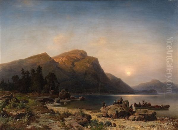 A Sunset On The Banks Of A Mountain Lake by Heinrich Steinike