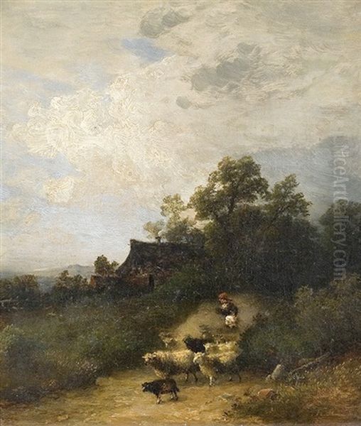 With The Sheeps Outside The Yard Oil Painting by Heinrich Steinike