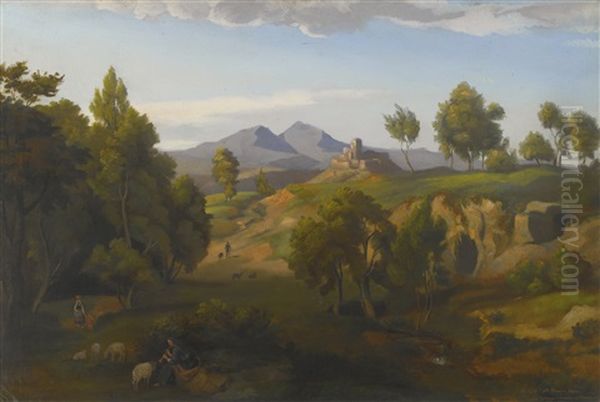 Landscape With Faun, Flock Of Sheep And Resting Shepherds Oil Painting by Gottlob Friedrich Steinkopf