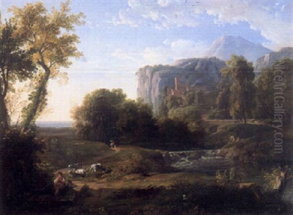 Italienische Kustenlandschaft Mit Einem Hirten Am Brunnen Vorn Oil Painting by Gottlob Friedrich Steinkopf