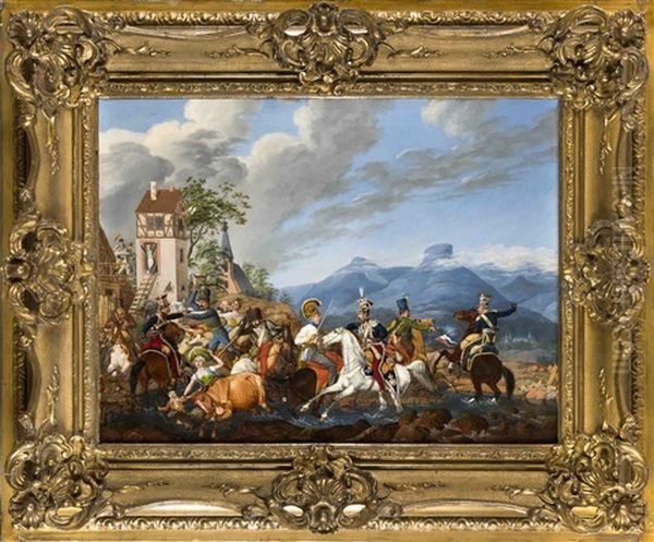 'reitergefecht Zwischen Osterreichern Und Polen Wahrend Der Napoleonischen Kriege In Einem Alpendorf' Oil Painting by Edward Jakob Von Steinle