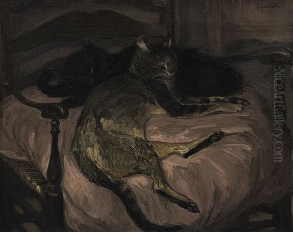 Deux Chats Se Reposant Dans Un Fauteuil Oil Painting by Theophile Alexandre Steinlen