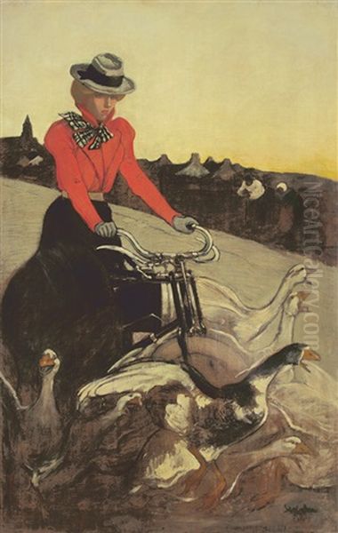 Motocycles Comiot : Painting. 1899 Oil Painting by Theophile Alexandre Steinlen