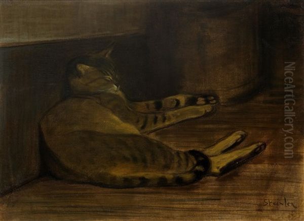 Recumbent Cat Oil Painting by Theophile Alexandre Steinlen