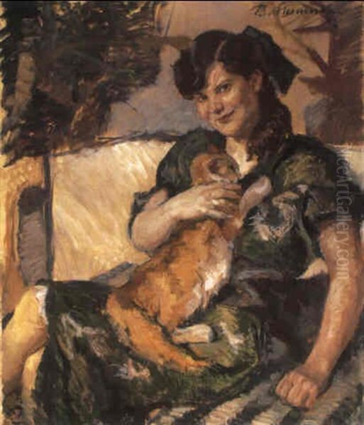 Madchen Mit Katze (girl With Cat) Oil Painting by Beppo (Joseph) Steinmetz