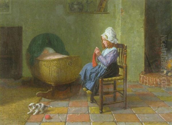 Kleines Madchen Beim Stricken In Der Stube Neben Einer Wiege Mit Einem Saugling Oil Painting by Fritz Steinmetz-Noris