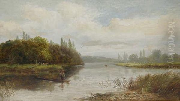 River Landscape With Figures On A Punt, And Thecompanion Picture One Signed Lower Left Oil Painting by Charles Branscombe