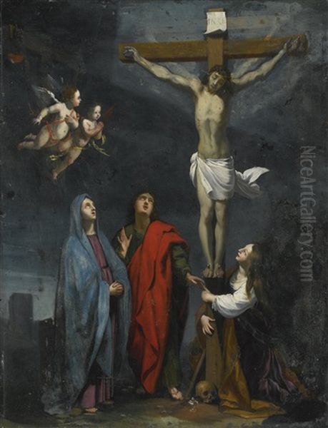 Christ On The Cross With Saint John And Mary Magdalene Oil Painting by Jacques Stella