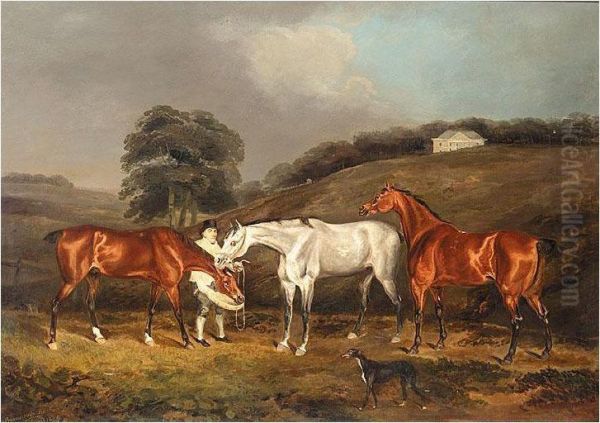 Three Hunters And A Groom Oil Painting by Charles Branscombe