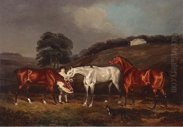 Three Hunters In The Grounds Of A Country House Oil Painting by Charles Branscombe