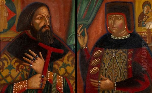 Boyar Couple (2 Works) Oil Painting by Dmitri Semenovich Stelletsky