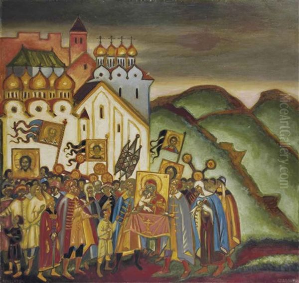 La Procession Religieuse A Novgorod Oil Painting by Dmitri Semenovich Stelletsky