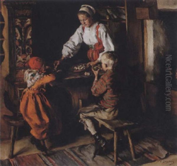 Interior Med Mor Och Barn - Motiv Fran Dalarna Oil Painting by Emerik Stenberg