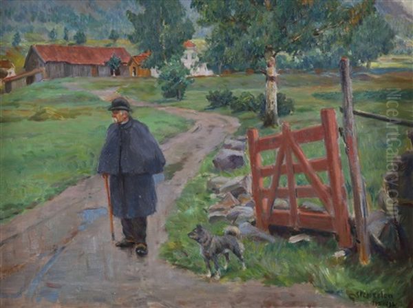 Mann Og Hund I Landskap Oil Painting by Gudmund Stenersen