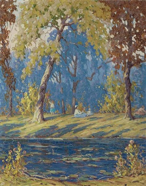 Children Under Sycamores  (landscape With Children) Oil Painting by George J. Stengel