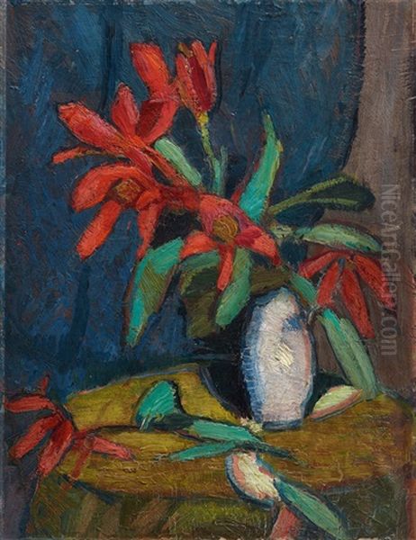 Rote Blumen In Weisem Krug by Hermann Stenner