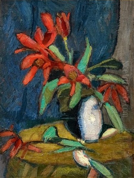 Rote Blumen In Weisem Krug Oil Painting by Hermann Stenner