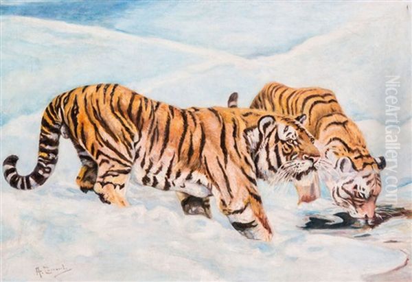 Schneelandschaft Mit Zwei Sibirischen Tiger An Einer Wasserstelle by Aleksei Stepanovich Stepanov