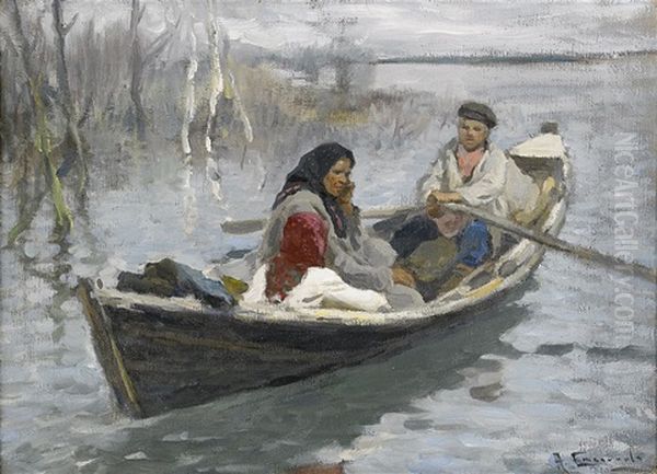 Couple In A Rowing Boat Oil Painting by Aleksei Stepanovich Stepanov