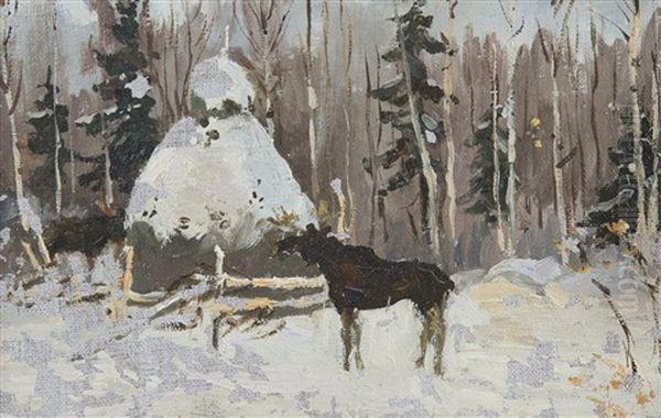 A Grazing Moose In The North Oil Painting by Aleksei Stepanovich Stepanov