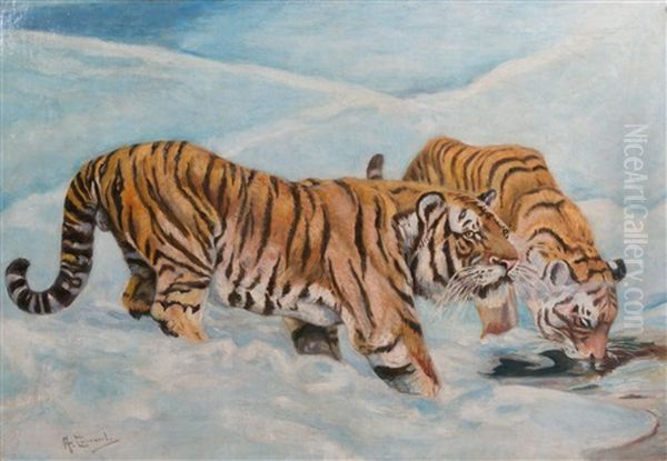 Zwei Sibirische Tiger An Einer Wasserstelle In Winterlicher Landschaft by Aleksei Stepanovich Stepanov