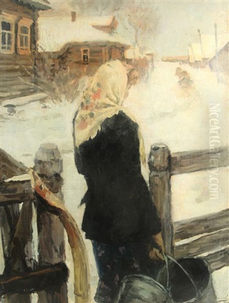 Woman In A Snowy Village Oil Painting by Aleksei Stepanovich Stepanov