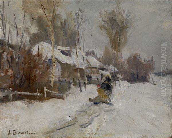 Winter Scene With Horse Sledge Oil Painting by Aleksei Stepanovich Stepanov