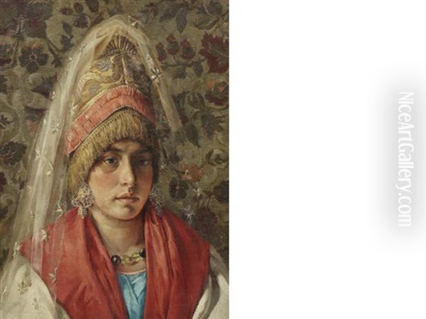 Portrait Of A Young Woman In Traditional Dress Oil Painting by Klawdi Petrovitch Stepanov