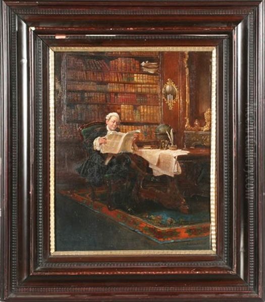 Reading In Library Oil Painting by August Stephan