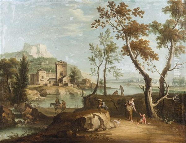 Idealisierte Sudlandische Flusslandschaft Mit Schlossartigen Gebauden Oil Painting by Joseph Stephan