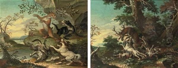 Hounds Fighting With A Wild Cat In A Rocky River Landscape (+ Hounds Attacking A Deer In A Wooded Landscape; 2 Works) by Joseph Stephan