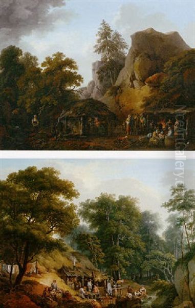 Mountainous Landscape With Figures Before A Lodge Oil Painting by Joseph Stephan