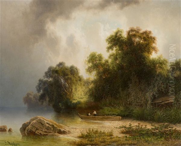 On The Lake Shore Oil Painting by Leopold Stephan