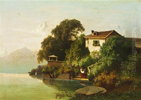 Rast An Einem Alpensee Oil Painting by Leopold Stephan