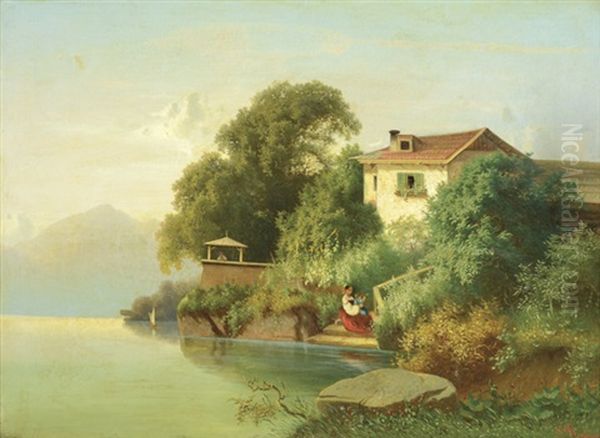 Landscape Depicting Lake Traunsee, Austria With Mother And Child On Cottage Steps At Water's Edge, Mountains In The Distance Oil Painting by Leopold Stephan