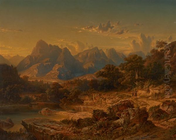 Gebirgslandschaft Mit Kleinem See Und Figurenstaffage Oil Painting by Leopold Stephan