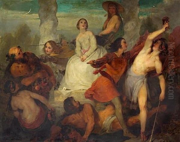 A Bacchanalian Scene With Virtue Defended Oil Painting by Francis Philip Stephanoff