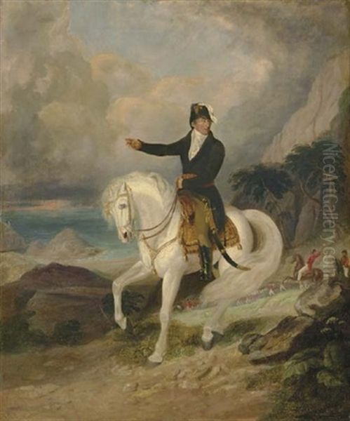 Equestrian Portrait Of The Duke Of Wellington, With Troops And A Coastal Landscape Beyond Oil Painting by James Stephanoff