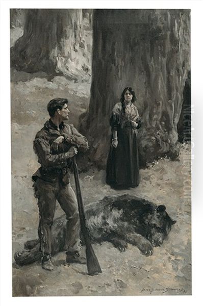 Woman And Bear Hunter Oil Painting by Alice Barber Stephens