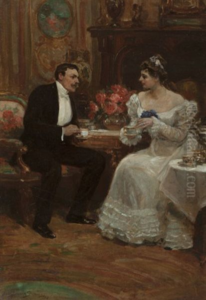 Seated Couple Having Tea Oil Painting by Alice Barber Stephens