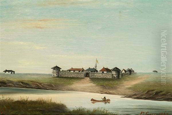 Indian Chief Paddling Past Fort Garry Oil Painting by Lionel Macdonald Stephenson