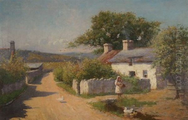 Cottage Scene With Girl By A Lane With Ducks Oil Painting by Willie Stephenson