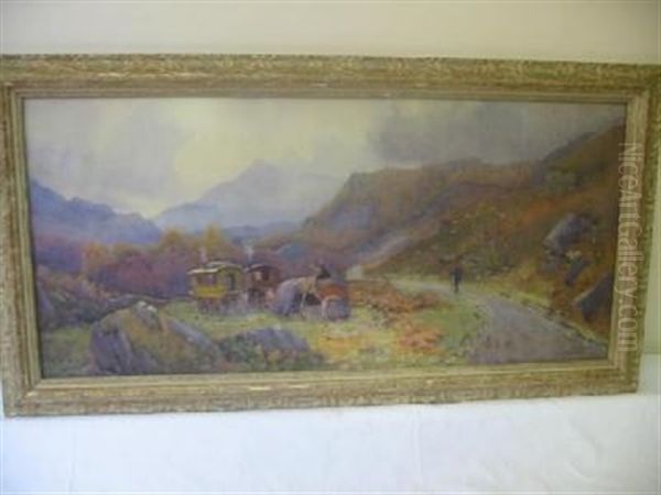 Gypsy Encampment In A Mountainous Landscape Oil Painting by Willie Stephenson