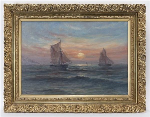 Untitled (ships At Sunset) Oil Painting by Romain Steppe