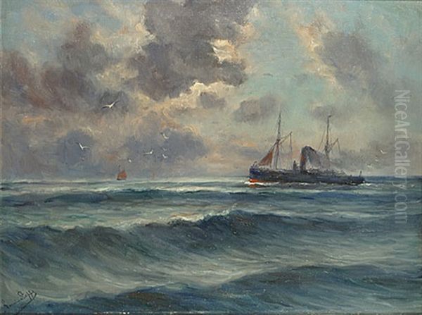 Stoomschip En Zeilboten Op Zee Oil Painting by Romain Steppe