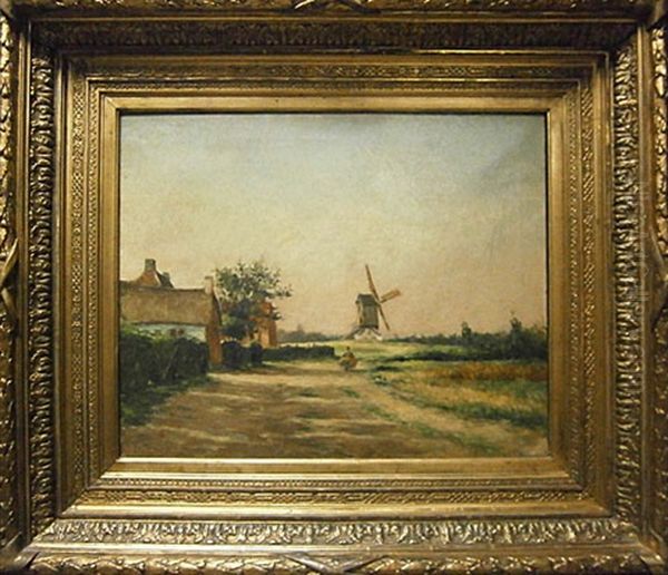 Man Met Hooikar In Een Landschap Met Molen Oil Painting by Romain Steppe