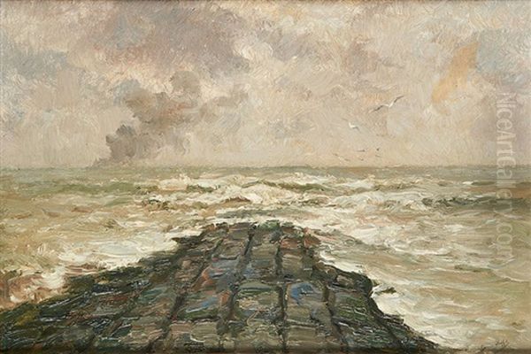 Le Brise-lames A Ostende Oil Painting by Romain Steppe