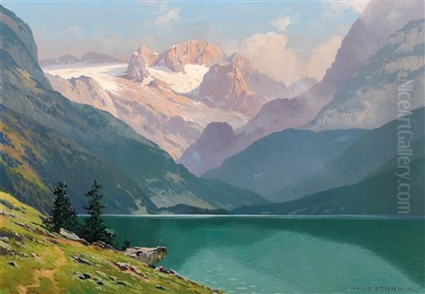 Lake Gosau With The Dachstein Oil Painting by Hans Sterbik