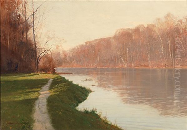 View Of The Heustadlwasser In The Evening Light Oil Painting by Hans Sterbik