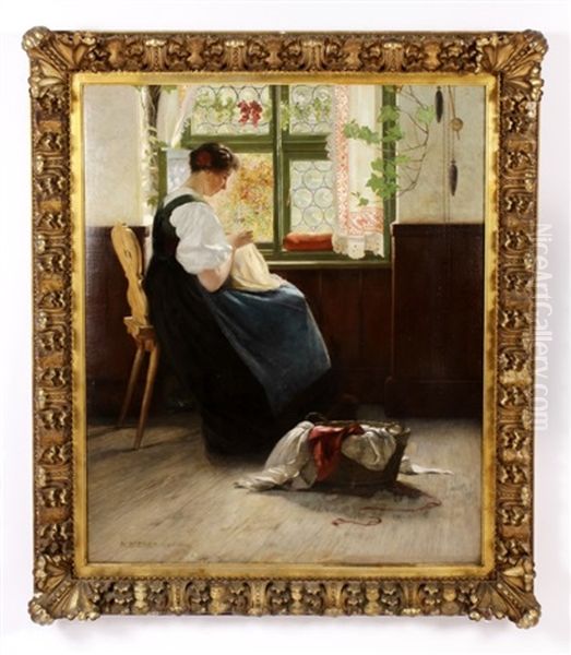 Woman Sewing At Window Oil Painting by Richard Sterer